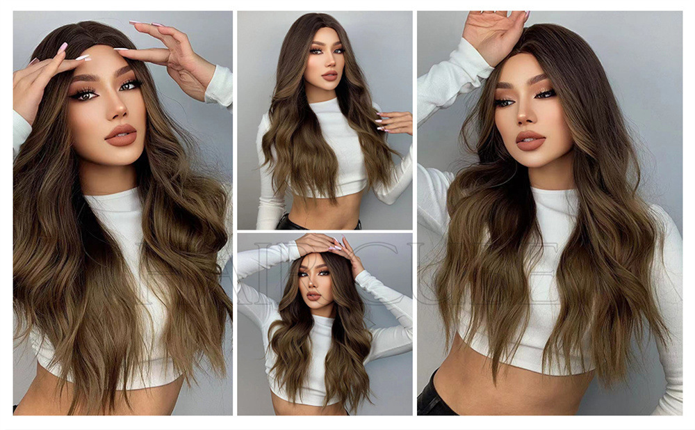 Brown wig Middle part dyed brown long curly hair ladies