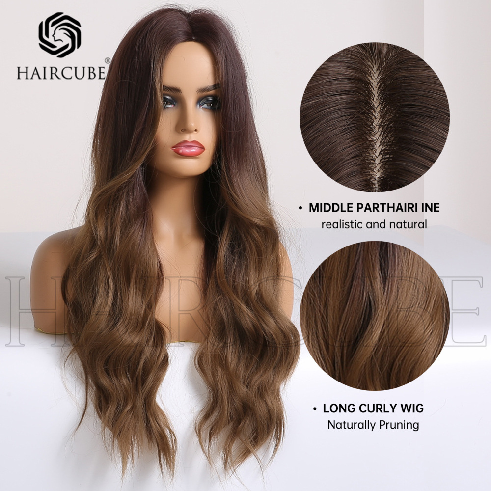 Brown wig Middle part dyed brown long curly hair ladies