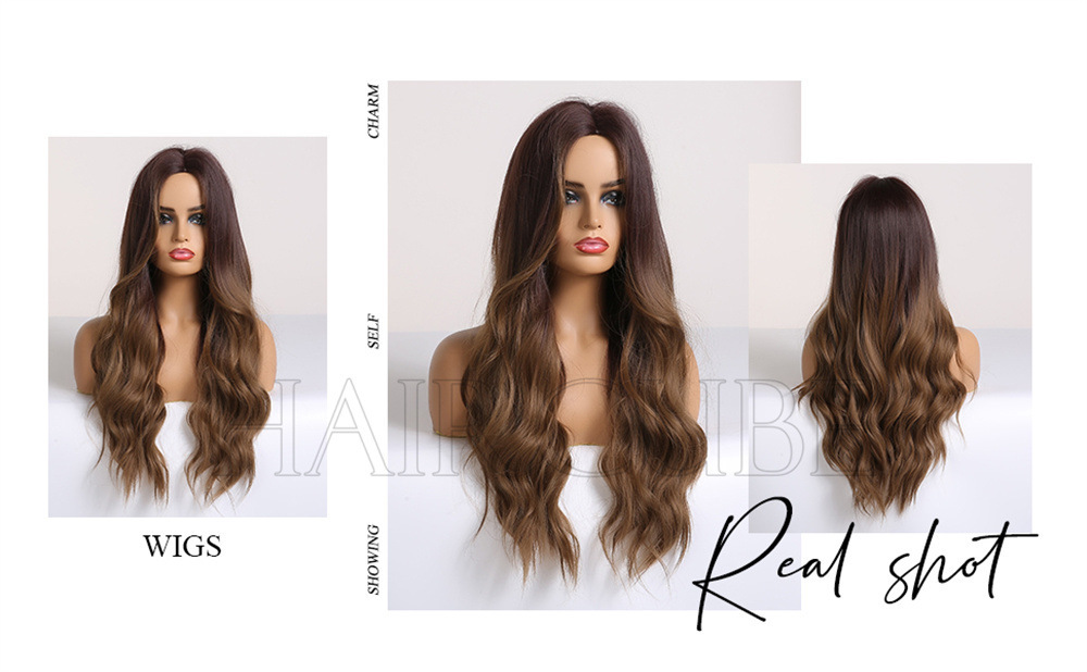 Brown wig Middle part dyed brown long curly hair ladies