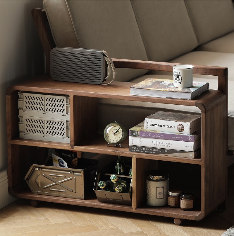 Open Storage Cabinet with 3 layers and Shelf Mid Century Storage Cabinet with Wood Leg Floor Storage Cabinet beside sofa