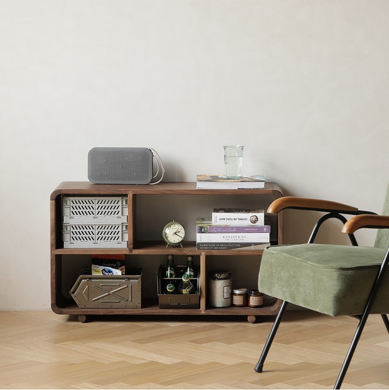 Open Storage Cabinet with 3 layers and Shelf Mid Century Storage Cabinet with Wood Leg Floor Storage Cabinet beside sofa