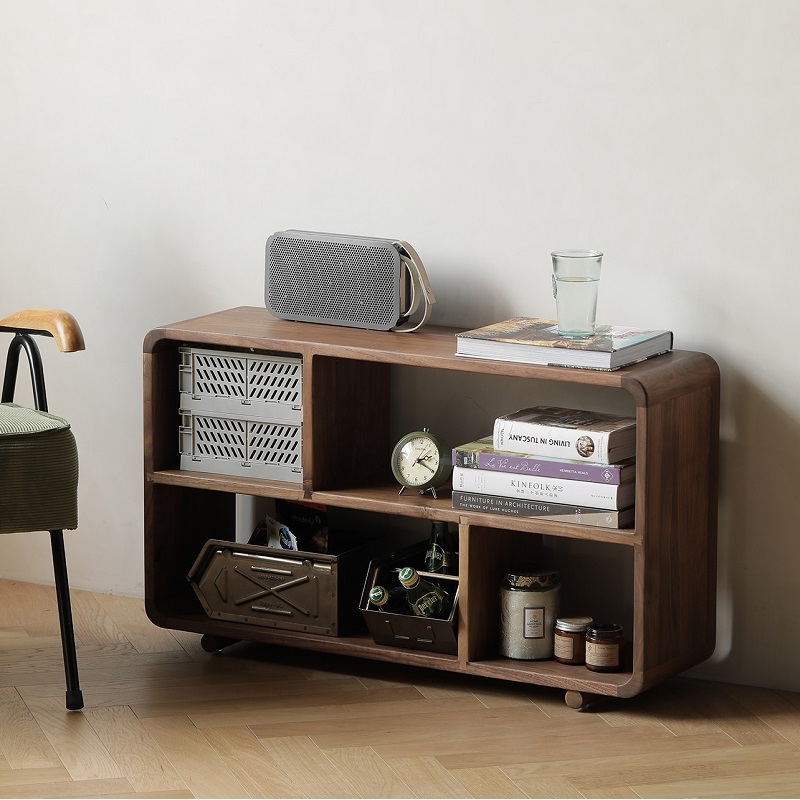 Open Storage Cabinet with 3 layers and Shelf Mid Century Storage Cabinet with Wood Leg Floor Storage Cabinet beside sofa