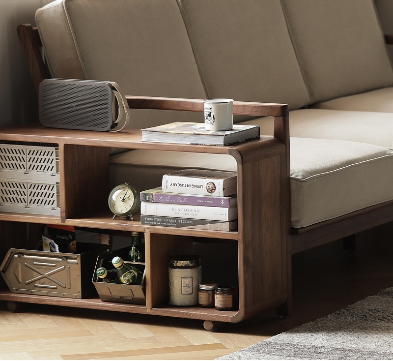 Open Storage Cabinet with 3 layers and Shelf Mid Century Storage Cabinet with Wood Leg Floor Storage Cabinet beside sofa