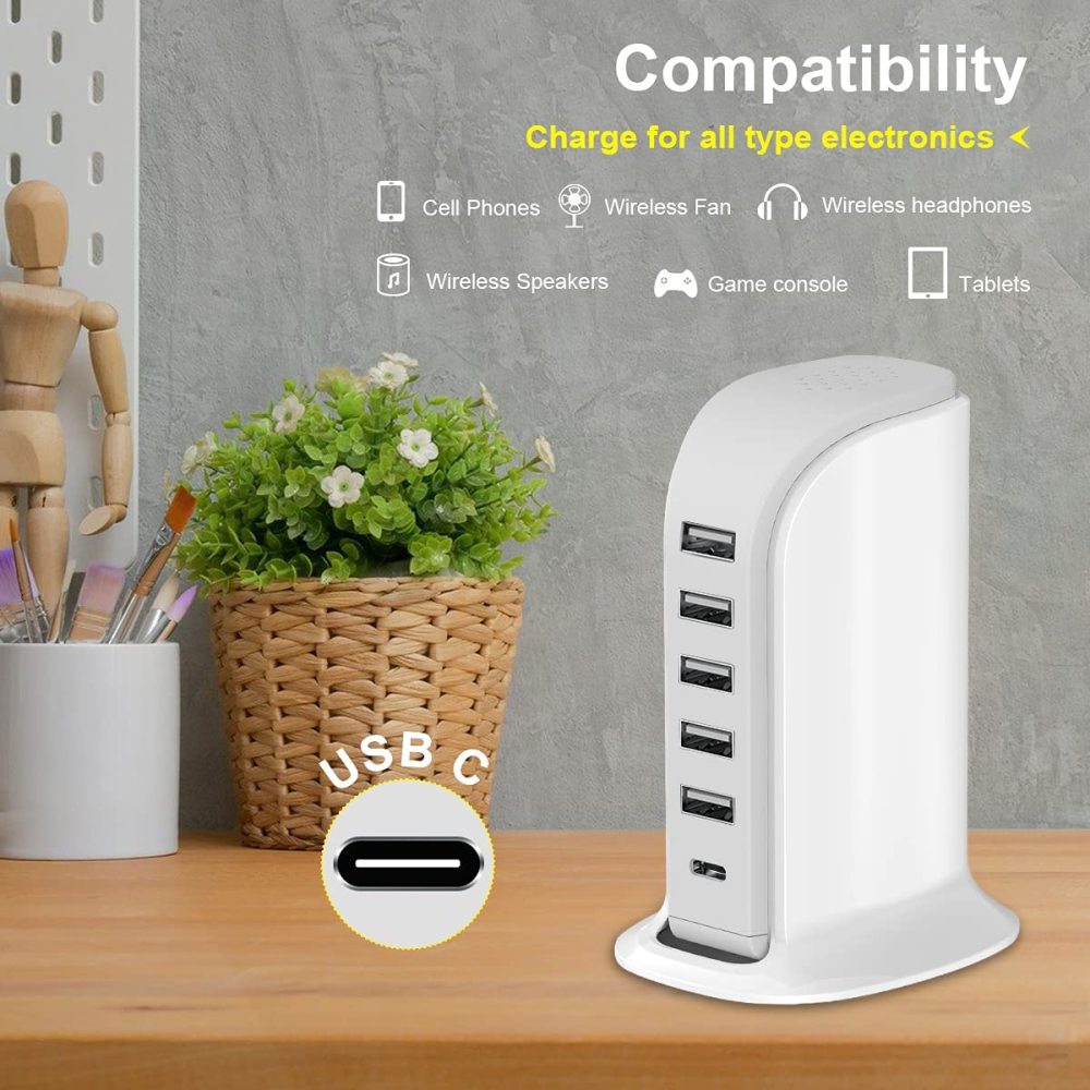 Charging Station for Multiple Devices 40W Upoy, Wall Charger Block 5 USB Ports(Shared 6A), USB Charging Hub Smart IC, Charger Tower with Type-C 3A for iPhone iPad Tablets Smartphones, Home Office Use