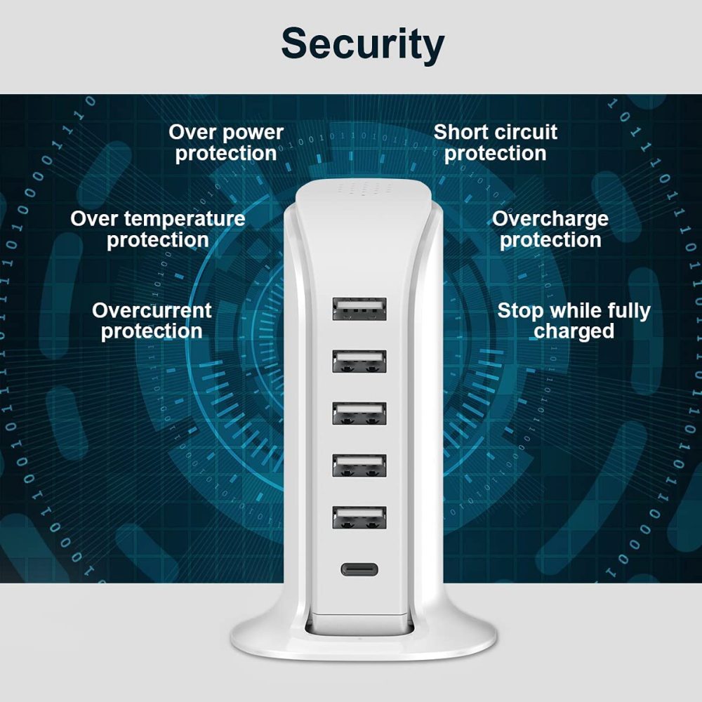 Charging Station for Multiple Devices 40W Upoy, Wall Charger Block 5 USB Ports(Shared 6A), USB Charging Hub Smart IC, Charger Tower with Type-C 3A for iPhone iPad Tablets Smartphones, Home Office Use