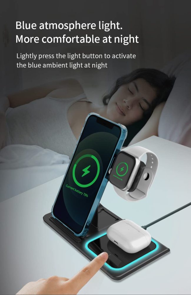 3-in-1 Wireless Charging Station for Phone, Watch & Earbuds, Compatible with All Devices That Meet QI Standards.