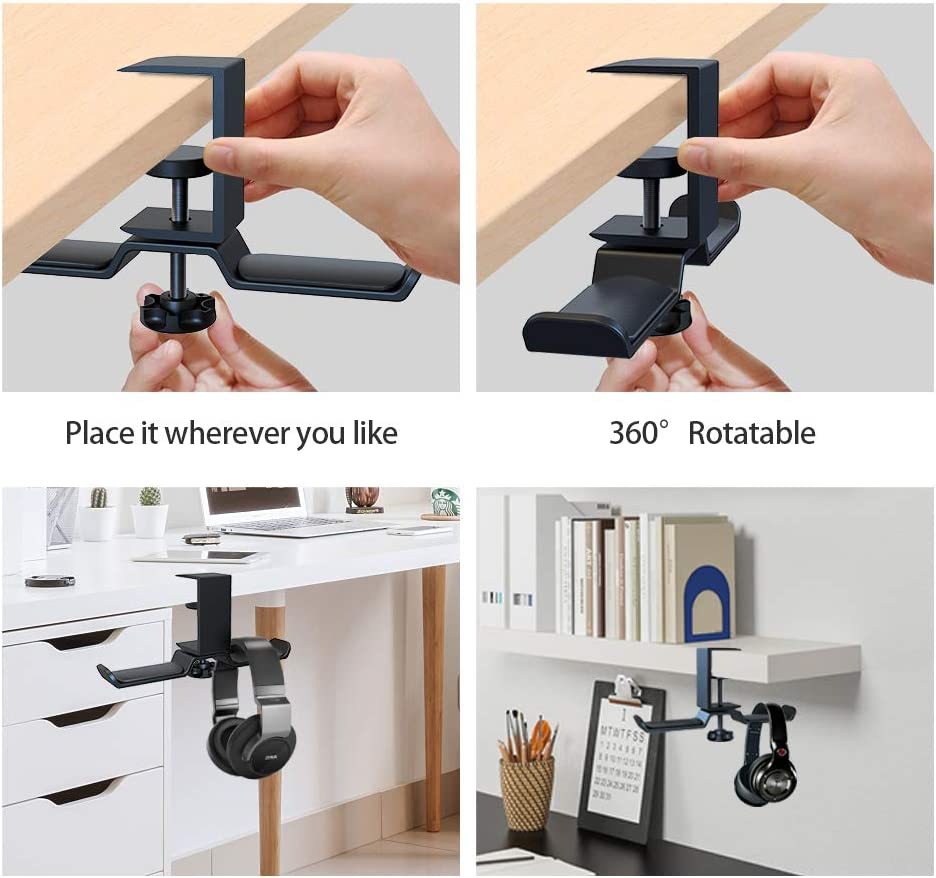 Dual Rotatable Headphone Stand Hanger Under Desk Clamp Headset Holder Aluminum Load up to 11lb Headset Stand Hanger Compatible with Universal Headphones