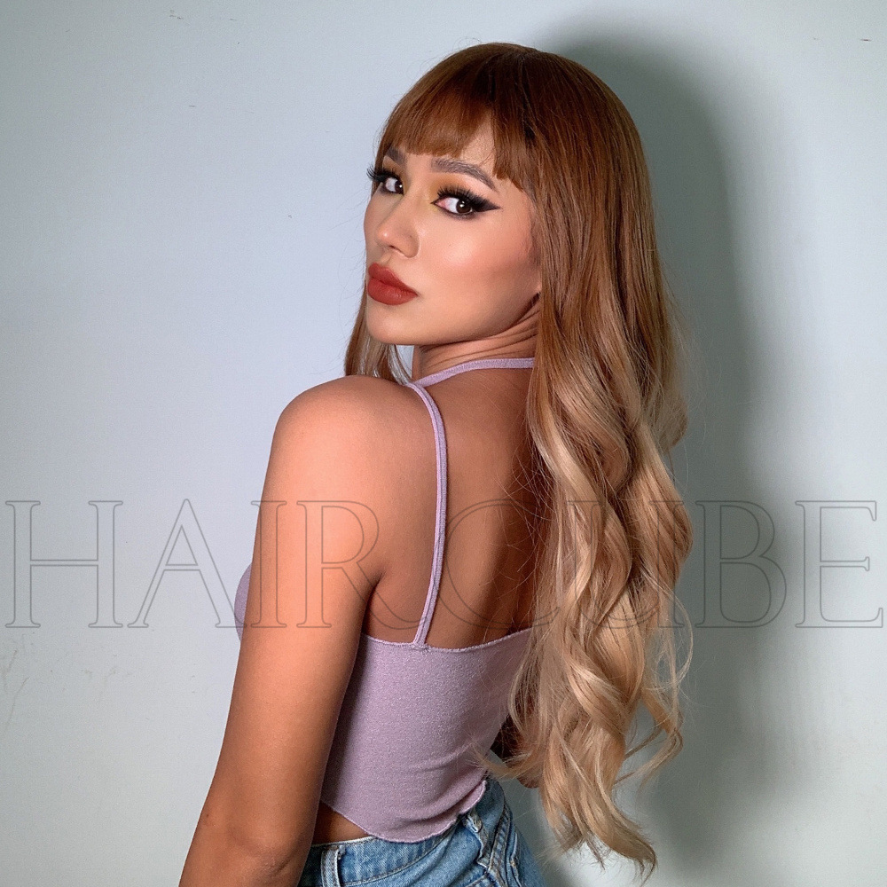 Wig Brown beige gradient gold long curly hair wig ladies wigs for daily use