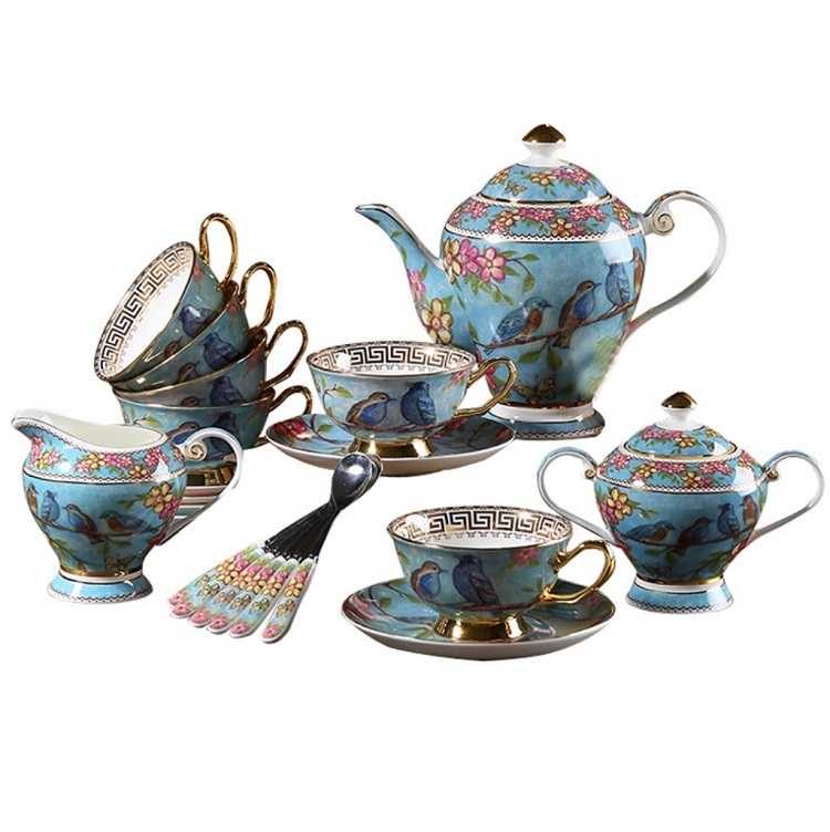 21 Pieces Set Royal Tea Cups with Gold Trim and Gift Box, British Coffee Cups Dream blue idyllic style bone china coffee set European Phnom Penh afternoon tea cup complete set