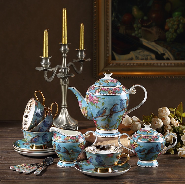 21 Pieces Set Royal Tea Cups with Gold Trim and Gift Box, British Coffee Cups Dream blue idyllic style bone china coffee set European Phnom Penh afternoon tea cup complete set