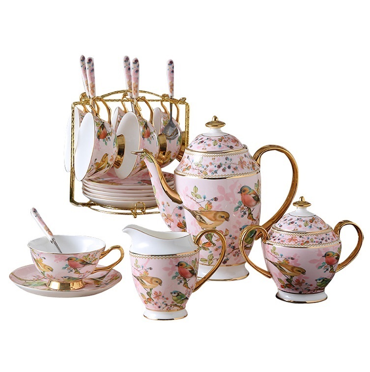 21 Pieces Set Royal Tea Cups with Gold Trim British bone china afternoon tea set cup and saucer, European ceramic coffee set, black tea cup set, wedding gift