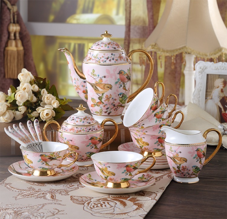21 Pieces Set Royal Tea Cups with Gold Trim British bone china afternoon tea set cup and saucer, European ceramic coffee set, black tea cup set, wedding gift