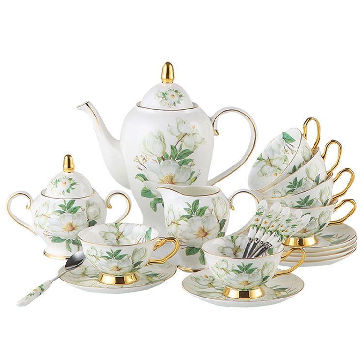 14 Pieces Set Royal Tea Cups and Saucers, with Gold Trim and Gift Box, British Coffee Cups, Porcelain Tea Set 6 cups + 6 plates + 6 spoons + 1 main pot
