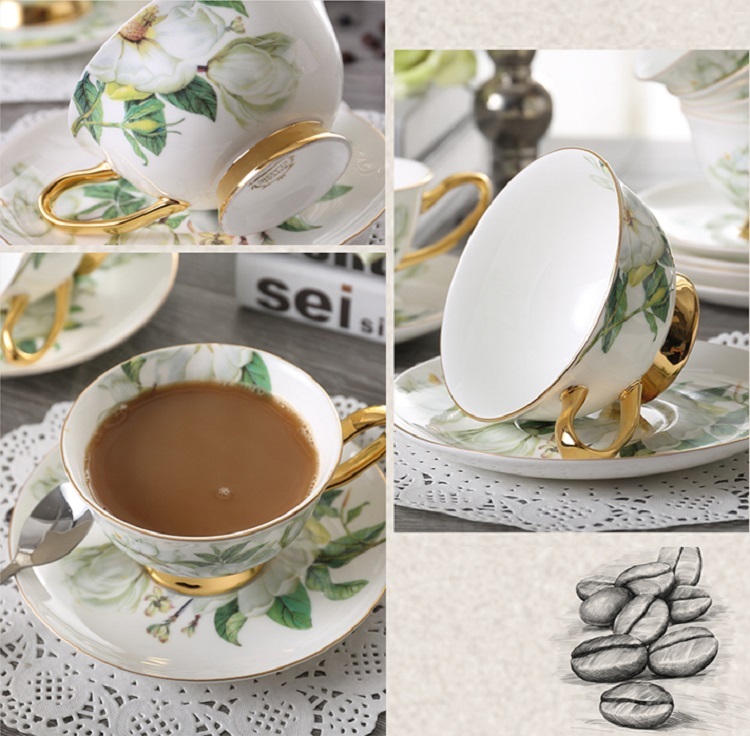 14 Pieces Set Royal Tea Cups and Saucers, with Gold Trim and Gift Box, British Coffee Cups, Porcelain Tea Set 6 cups + 6 plates + 6 spoons + 1 main pot