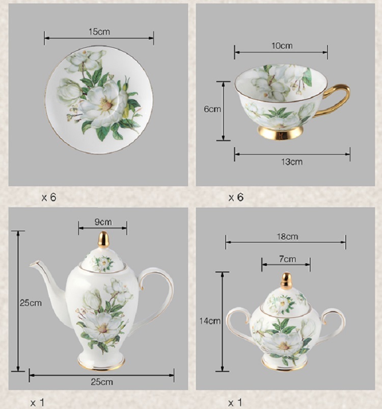 14 Pieces Set Royal Tea Cups and Saucers, with Gold Trim and Gift Box, British Coffee Cups, Porcelain Tea Set 6 cups + 6 plates + 6 spoons + 1 main pot