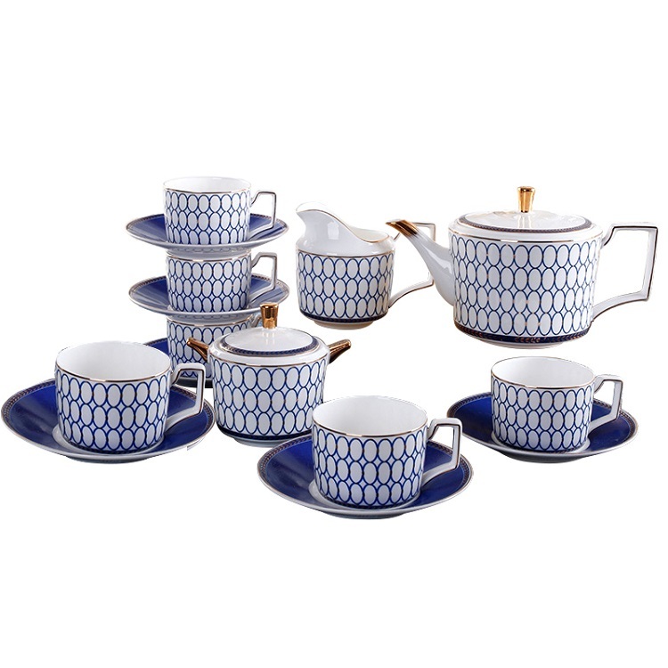 15 Pieces Set English afternoon tea set elegant blue circle European tea set court home bone china coffee cup set