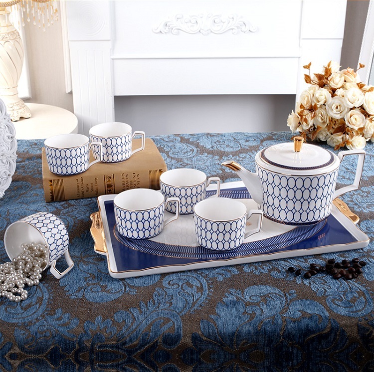15 Pieces Set English afternoon tea set elegant blue circle European tea set court home bone china coffee cup set
