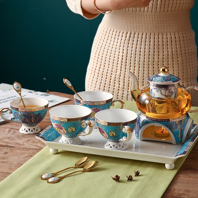 English afternoon tea set flower tea cup set European ceramic heatproof glass boiled fruit candle heating filter teapot