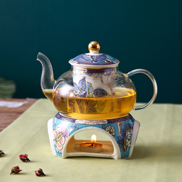 English afternoon tea set flower tea cup set European ceramic heatproof glass boiled fruit candle heating filter teapot