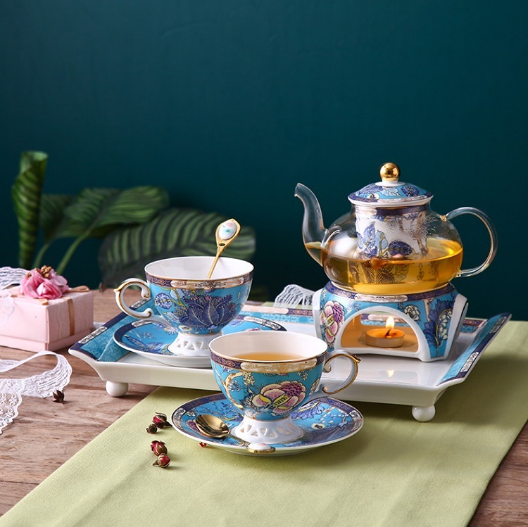 English afternoon tea set flower tea cup set European ceramic heatproof glass boiled fruit candle heating filter teapot