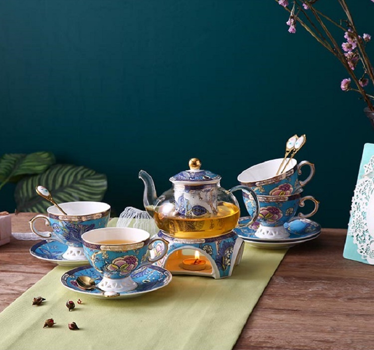 English afternoon tea set flower tea cup set European ceramic heatproof glass boiled fruit candle heating filter teapot