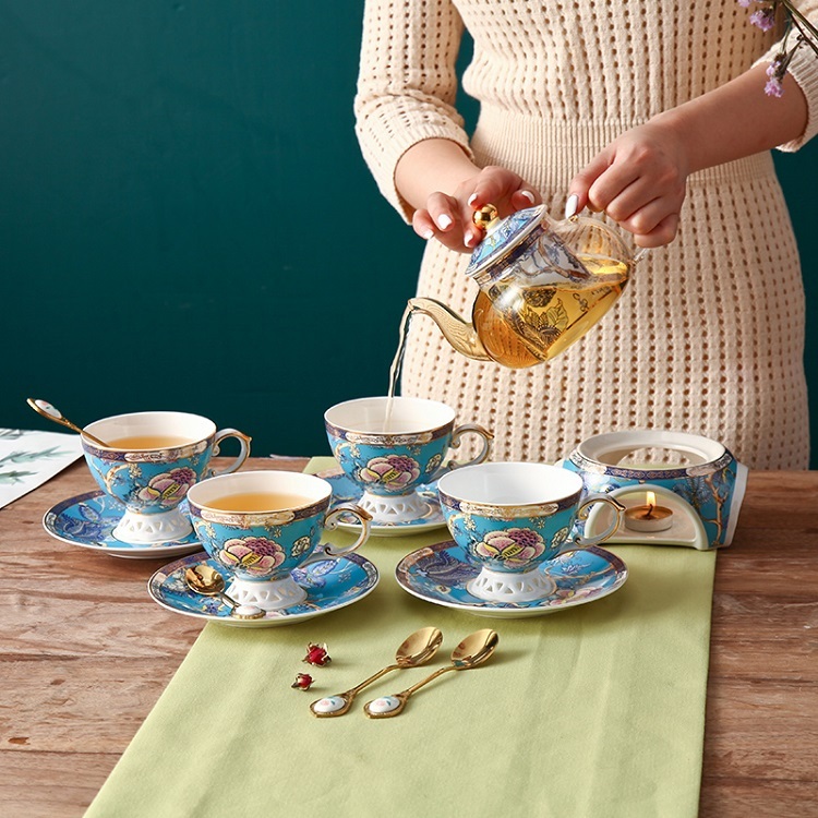 English afternoon tea set flower tea cup set European ceramic heatproof glass boiled fruit candle heating filter teapot