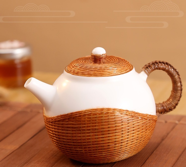 Intangible Cultural Heritage: Handmade Bamboo Braided Button, Pearl White Porcelain, Shih Tzu Flat Bottom Pot, Anti-scalding Porcelain Tire Kung Fu Tea Set, Tea Ceremony, Single Pot Teapot