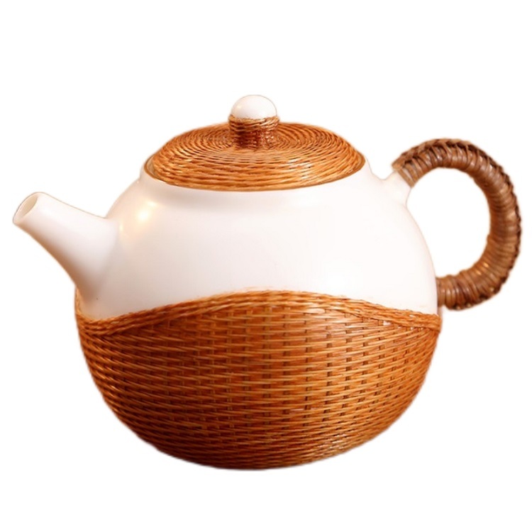 Intangible Cultural Heritage: Handmade Bamboo Braided Button, Pearl White Porcelain, Shih Tzu Flat Bottom Pot, Anti-scalding Porcelain Tire Kung Fu Tea Set, Tea Ceremony, Single Pot Teapot