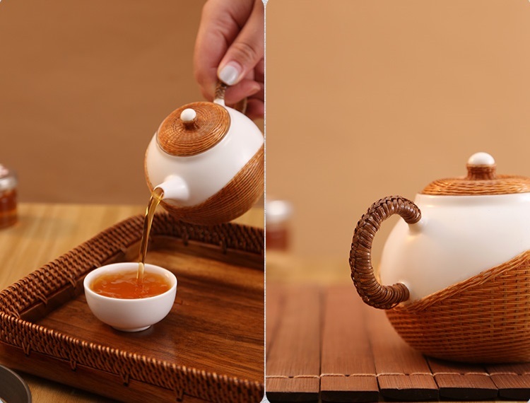 Intangible Cultural Heritage: Handmade Bamboo Braided Button, Pearl White Porcelain, Shih Tzu Flat Bottom Pot, Anti-scalding Porcelain Tire Kung Fu Tea Set, Tea Ceremony, Single Pot Teapot