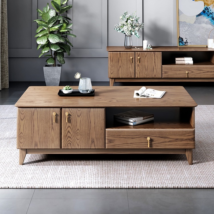 Nordic solid wood coffee table TV cabinet combination modern simple small apartment slate ash wood storage tea table floor cabinet