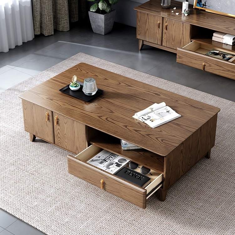 Nordic solid wood coffee table TV cabinet combination modern simple small apartment slate ash wood storage tea table floor cabinet