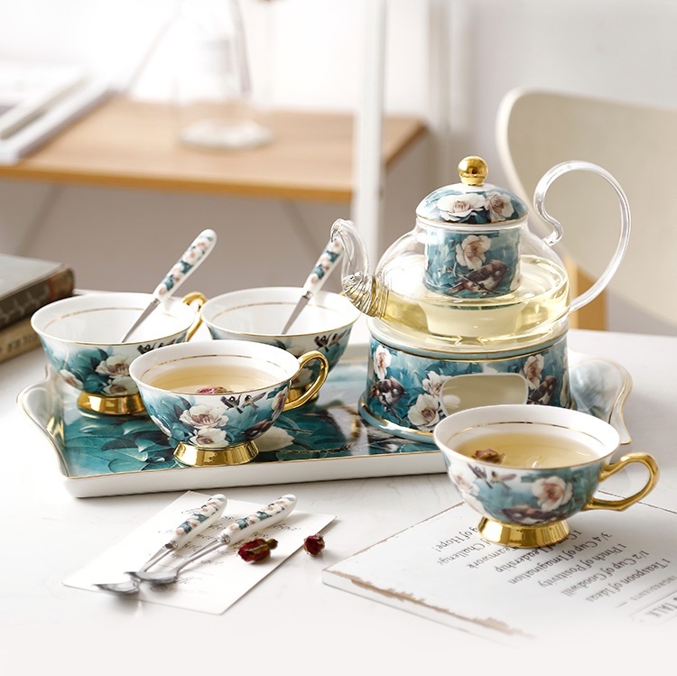 Rhododendron Bird ceramic glass heated flower teapot set with filtered European afternoon tea set insulated teapot