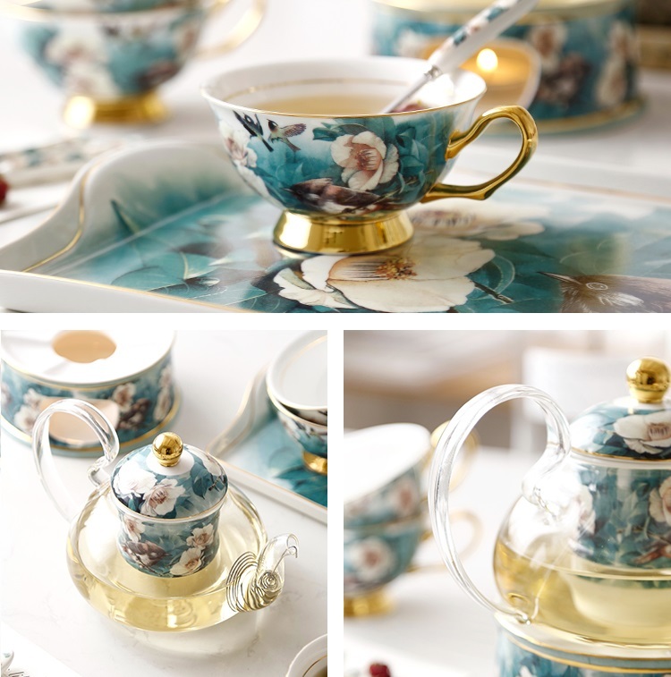 Rhododendron Bird ceramic glass heated flower teapot set with filtered European afternoon tea set insulated teapot