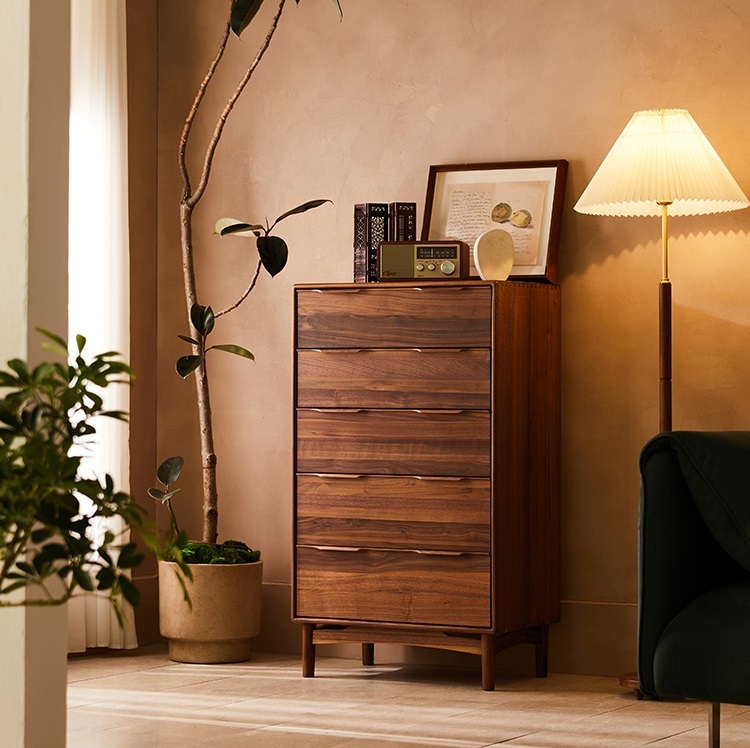Solid wood chest of drawers Nordic bedroom drawer storage Japanese style living room storage cabinet black walnut cabinet