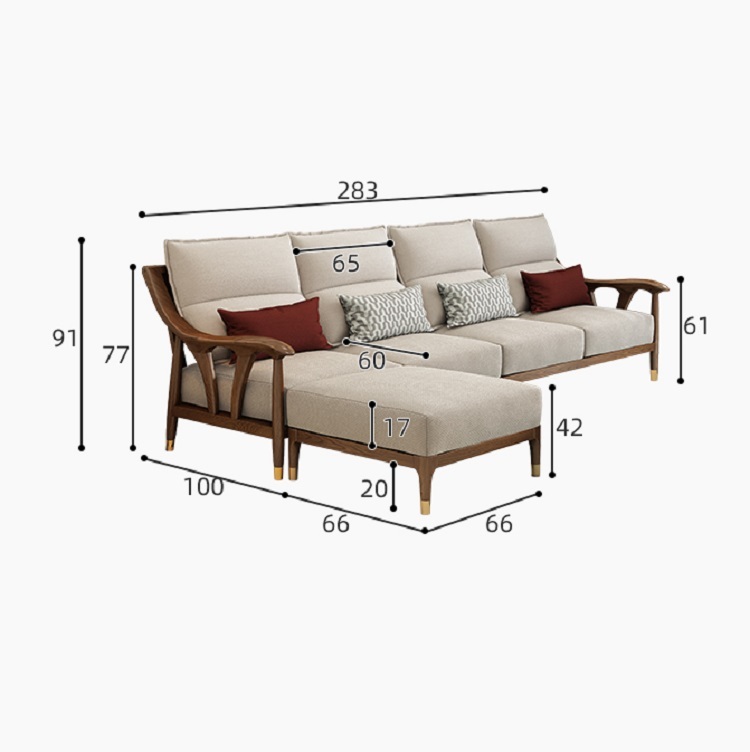 Full solid wood sofa combination small apartment living room Nordic light luxury three-person fabric sofa ash furniture