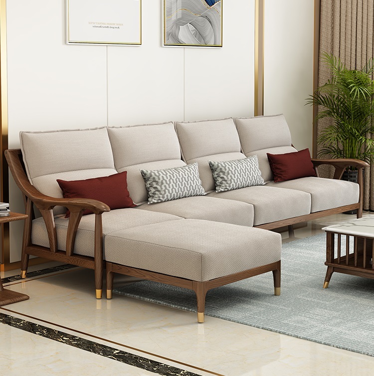 Full solid wood sofa combination small apartment living room Nordic light luxury three-person fabric sofa ash furniture