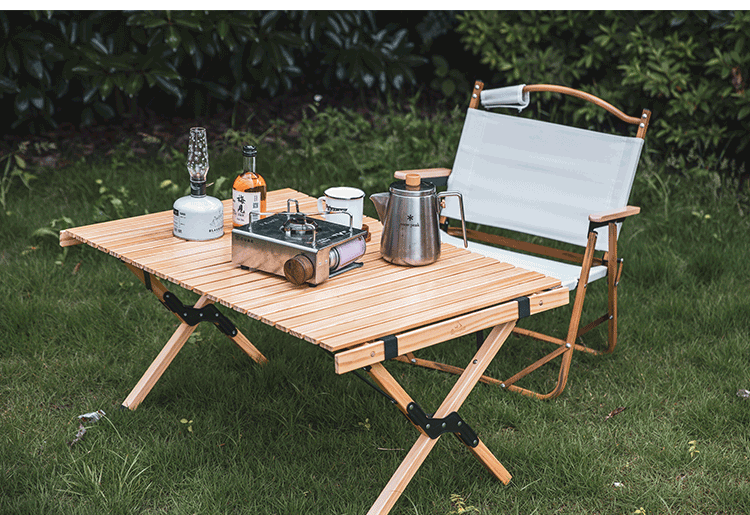 Outdoor folding table egg roll table camping beech wood picnic table chair set portable camping table