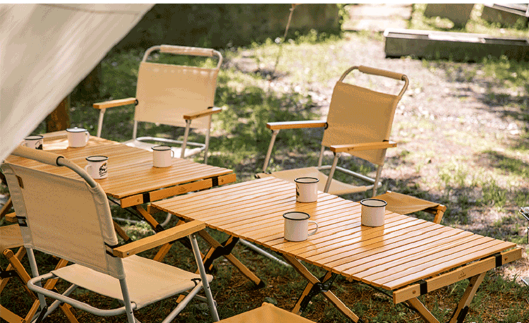 Outdoor folding table egg roll table camping beech wood picnic table chair set portable camping table