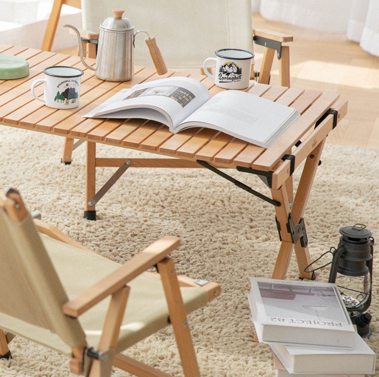 Outdoor folding table egg roll table camping beech wood picnic table chair set portable camping table