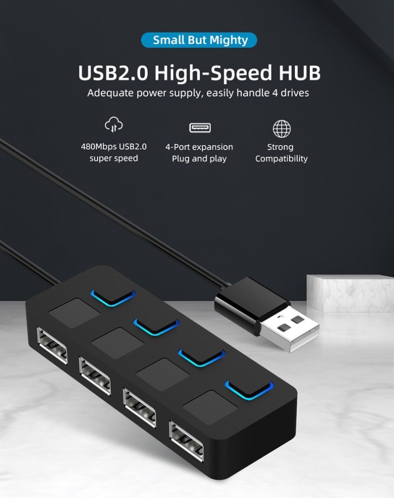 4 Port USB 2.0 Data Hub with Individual LED lit Power Switches [Charging NOT Supported] for Mac & PC (HB-UMLS)