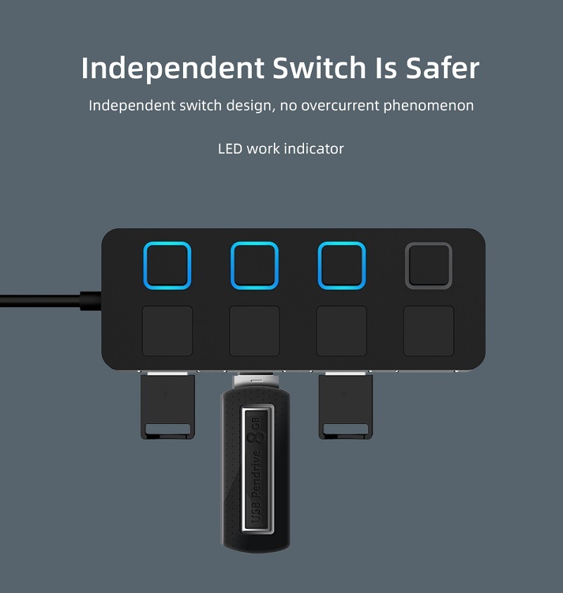 4 Port USB 2.0 Data Hub with Individual LED lit Power Switches [Charging NOT Supported] for Mac & PC (HB-UMLS)