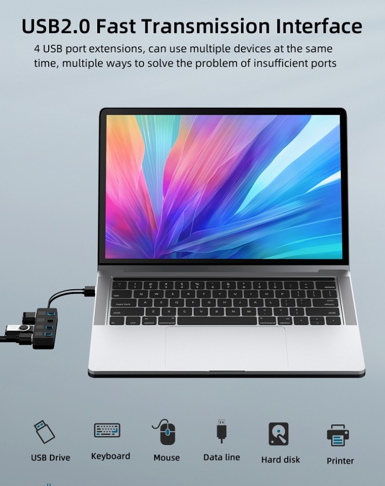 4 Port USB 2.0 Data Hub with Individual LED lit Power Switches [Charging NOT Supported] for Mac & PC (HB-UMLS)