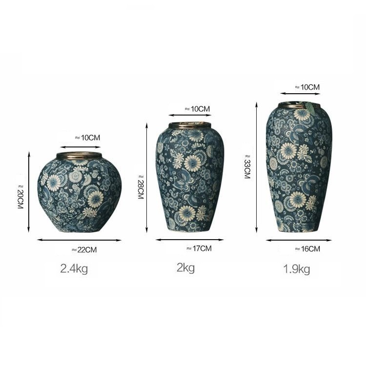 Chrysostom dried flowers, ceramic blue and white vases, European Chinese flower ware, Jingdezhen countertop flower arrangement, retro ornaments