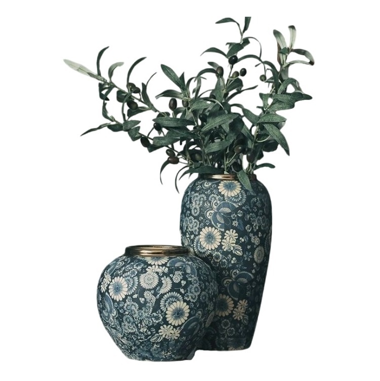 Chrysostom dried flowers, ceramic blue and white vases, European Chinese flower ware, Jingdezhen countertop flower arrangement, retro ornaments