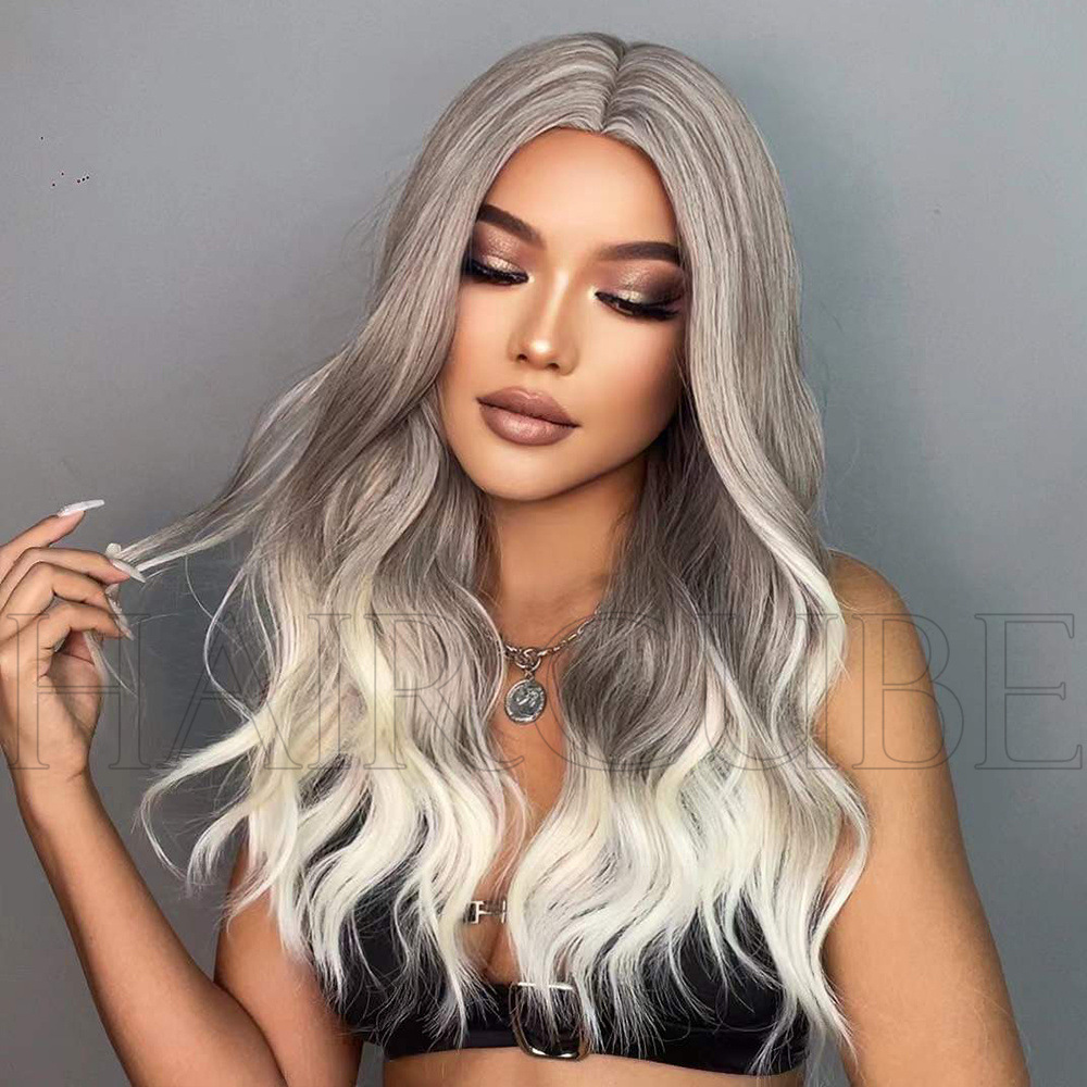Wig Women's long curly hair silver gray middle parted medium long wavy curly hair suitable for all occasions