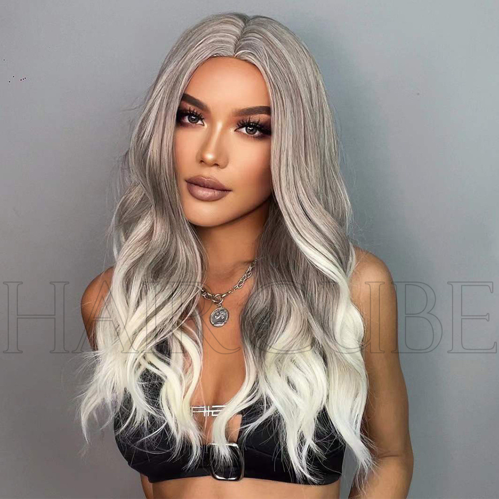 Wig Women's long curly hair silver gray middle parted medium long wavy curly hair suitable for all occasions