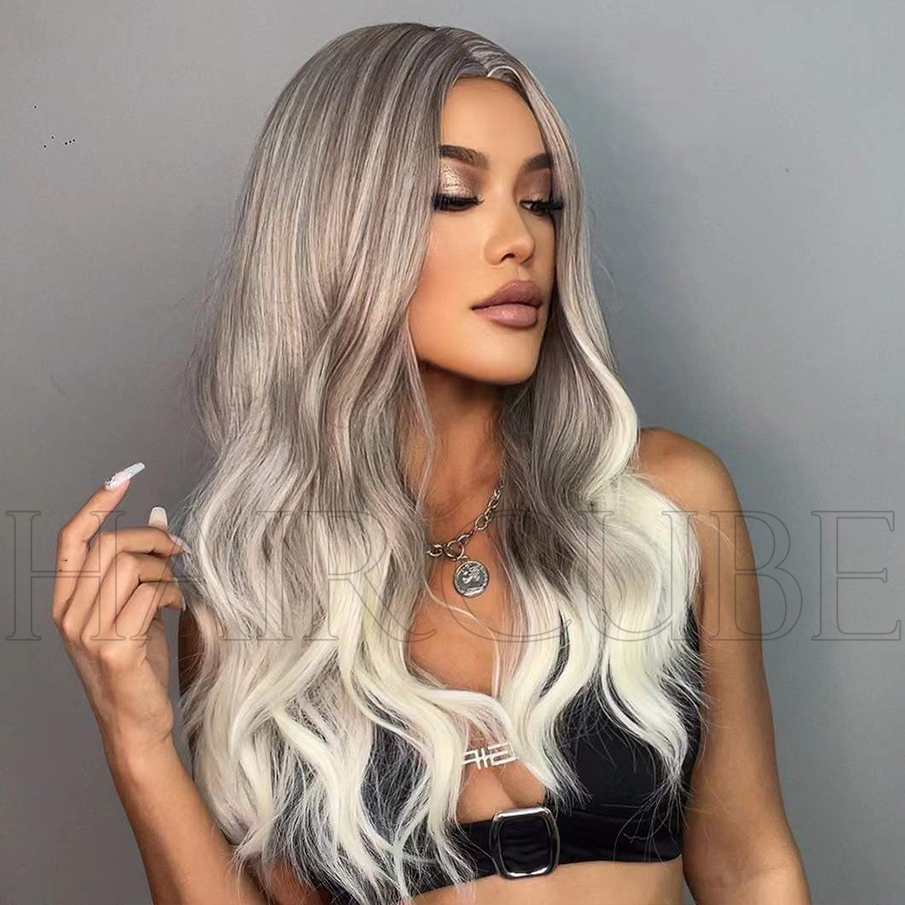Wig Women's long curly hair silver gray middle parted medium long wavy curly hair suitable for all occasions