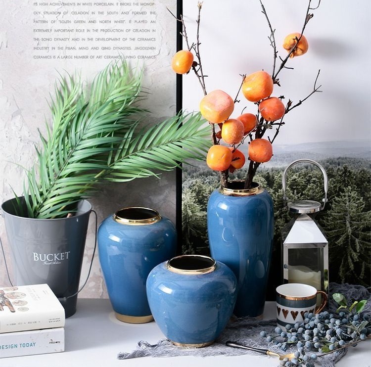 Living room flower arrangement with dried flowers, simple modern home decoration, European ceramic vase ornaments, blue small clay pots