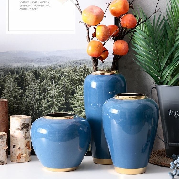 Living room flower arrangement with dried flowers, simple modern home decoration, European ceramic vase ornaments, blue small clay pots
