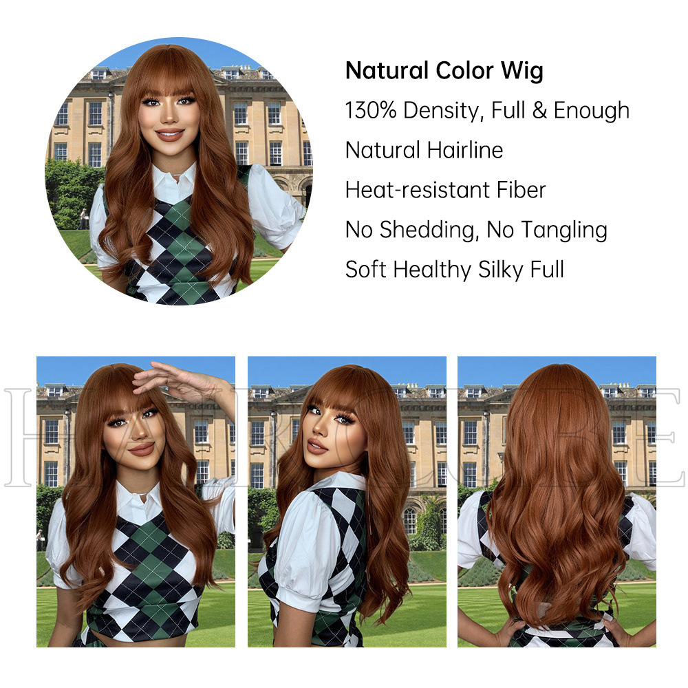 Wig Preppy lady with bangs dyed reddish brown long curly wig